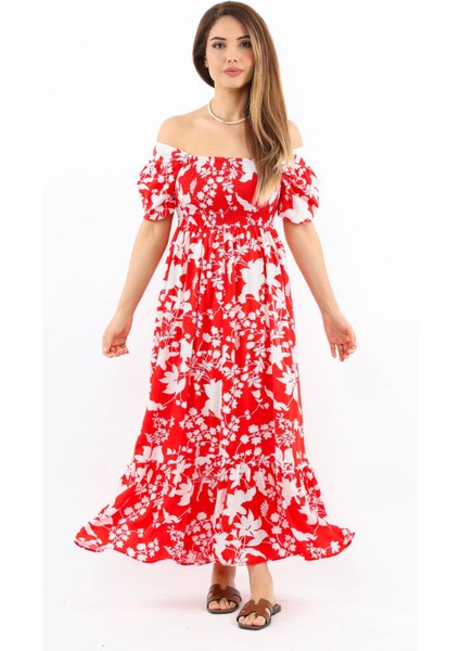 Kadın Positano Kırmızı Gipeli Viskon Uzun Elbise