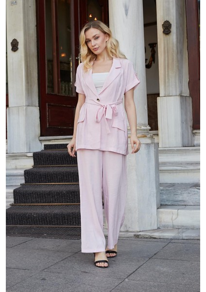 Kadın Ipeksi Modal Kumaş Yüksek Bel Beli Lastikli Apoletli Yan Cepli Bol Paça Palazzo Pantolon-Pembe