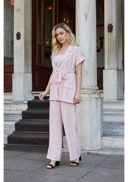 Kadın Ipeksi Modal Kumaş Yüksek Bel Beli Lastikli Apoletli Yan Cepli Bol Paça Palazzo Pantolon-Pembe modelleri