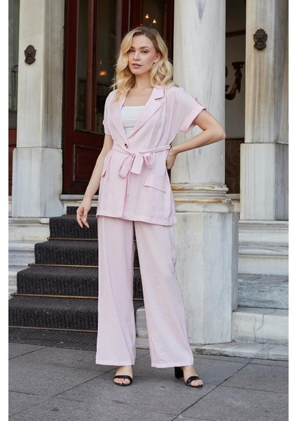 Kadın Ipeksi Modal Kumaş Yüksek Bel Beli Lastikli Apoletli Yan Cepli Bol Paça Palazzo Pantolon-Pembe fırsatları