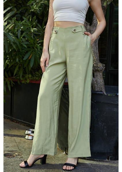 Kadın Ipeksi Modal Kumaş Yüksek Bel Beli Lastikli Apoletli Yan Cepli Bol Paça Palazzo Pantolon-Yağ Yeşil fiyatları
