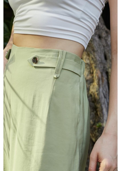 Kadın Ipeksi Modal Kumaş Yüksek Bel Beli Lastikli Apoletli Yan Cepli Bol Paça Palazzo Pantolon-Yağ Yeşil modelleri