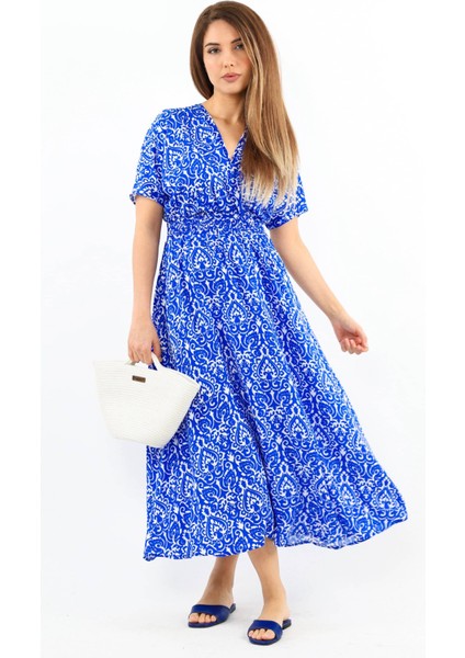 Kadın Aren Mavi Beyaz Midi Boy Viskon Elbise