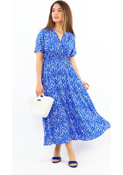 Kadın Aren Mavi Beyaz Midi Boy Viskon Elbise modelleri