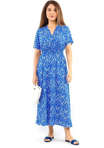 Kadın Aren Mavi Beyaz Midi Boy Viskon Elbise indirimleri