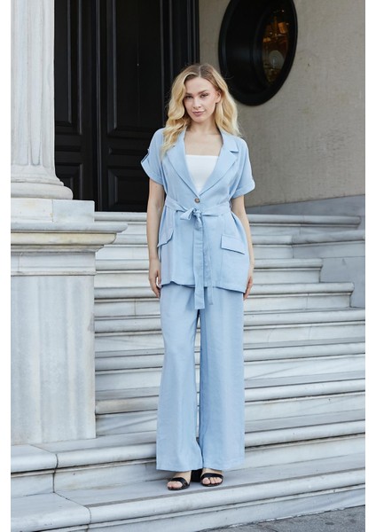 Kadın Ipeksi Modal Kumaş Yüksek Bel Beli Lastikli Apoletli Yan Cepli Bol Paça Palazzo Pantolon-Mavi