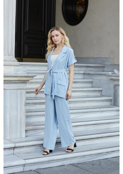 Kadın Ipeksi Modal Kumaş Yüksek Bel Beli Lastikli Apoletli Yan Cepli Bol Paça Palazzo Pantolon-Mavi fiyatları