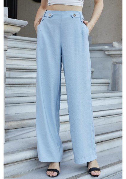 Kadın Ipeksi Modal Kumaş Yüksek Bel Beli Lastikli Apoletli Yan Cepli Bol Paça Palazzo Pantolon-Mavi modelleri