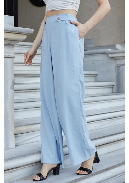 Kadın Ipeksi Modal Kumaş Yüksek Bel Beli Lastikli Apoletli Yan Cepli Bol Paça Palazzo Pantolon-Mavi fırsatları