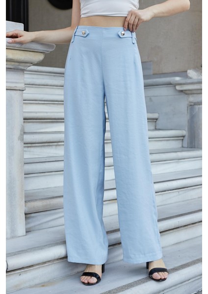 Kadın Ipeksi Modal Kumaş Yüksek Bel Beli Lastikli Apoletli Yan Cepli Bol Paça Palazzo Pantolon-Mavi indirimleri