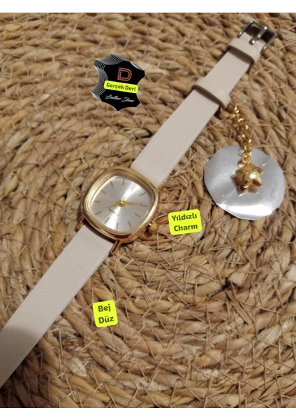 Zarif Tasarım Retro Vintage Kadın Kol Saati Hakiki Deri Bej Düz Renk Charmlı 0021