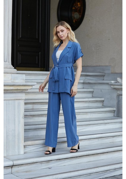 Kadın Ipeksi Modal Kumaş Yüksek Bel Beli Lastikli Apoletli Yan Cepli Bol Paça Palazzo Pantolon-Indigo