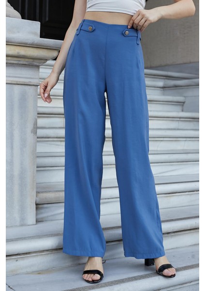 Kadın Ipeksi Modal Kumaş Yüksek Bel Beli Lastikli Apoletli Yan Cepli Bol Paça Palazzo Pantolon-Indigo fiyatları