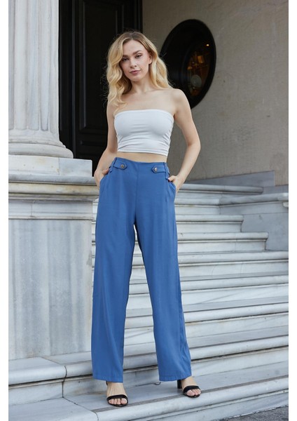 Kadın Ipeksi Modal Kumaş Yüksek Bel Beli Lastikli Apoletli Yan Cepli Bol Paça Palazzo Pantolon-Indigo modelleri