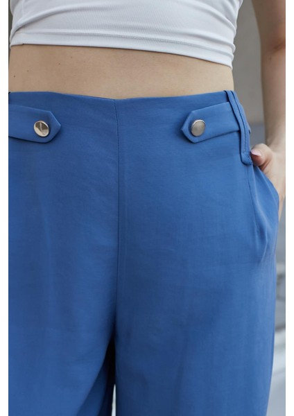 Kadın Ipeksi Modal Kumaş Yüksek Bel Beli Lastikli Apoletli Yan Cepli Bol Paça Palazzo Pantolon-Indigo fırsatları