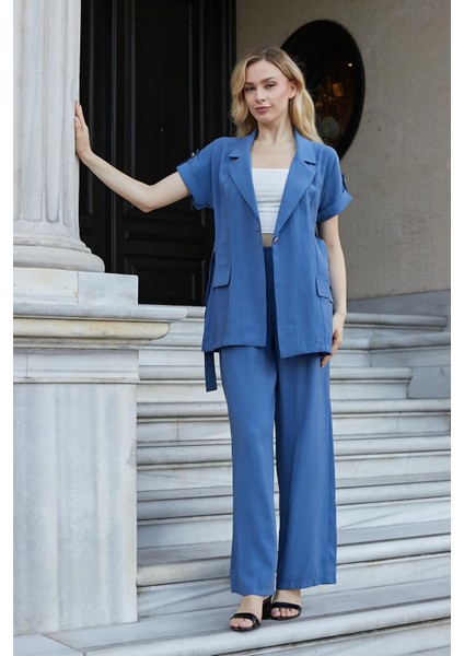 Kadın Ipeksi Modal Kumaş Yüksek Bel Beli Lastikli Apoletli Yan Cepli Bol Paça Palazzo Pantolon-Indigo indirimleri