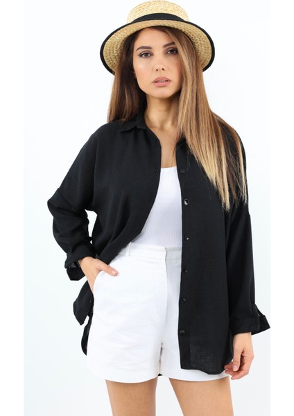 Kadın Keten Comfy Uzun Siyah Gömlek modelleri