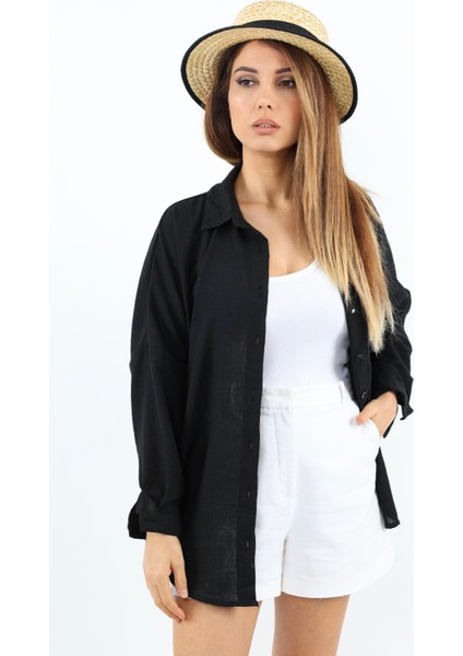 Kadın Keten Comfy Uzun Siyah Gömlek indirimleri