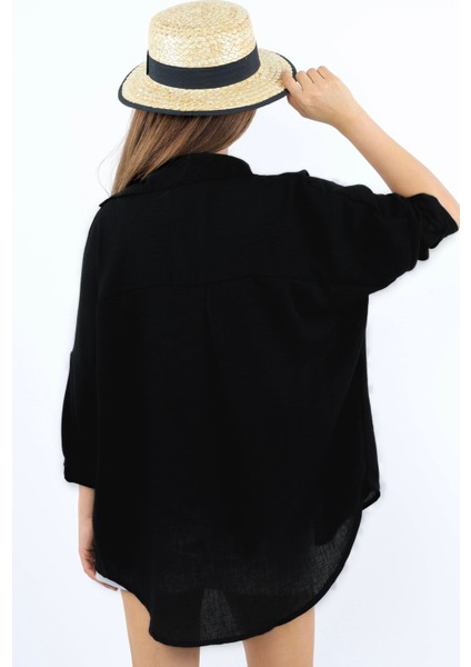 Kadın Keten Comfy Uzun Siyah Gömlek