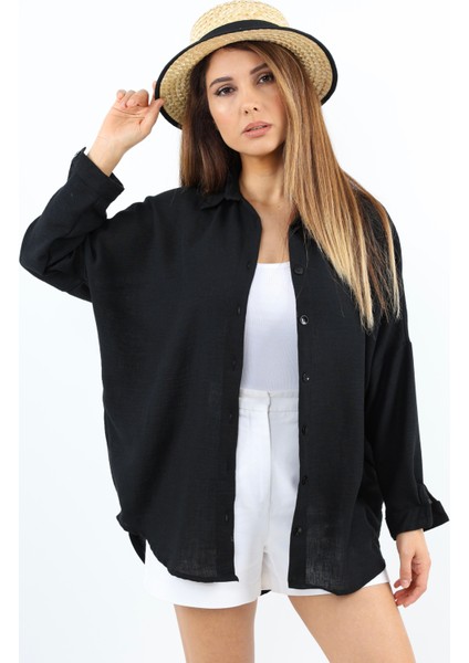 Kadın Keten Comfy Uzun Siyah Gömlek