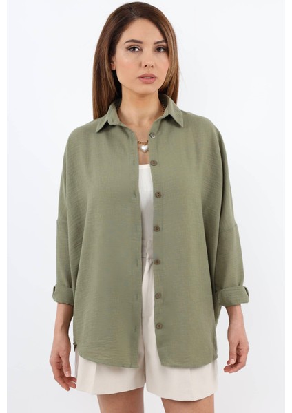 Kadın Keten Comfy Uzun Haki Gömlek fiyatları