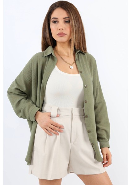 Kadın Keten Comfy Uzun Haki Gömlek modelleri