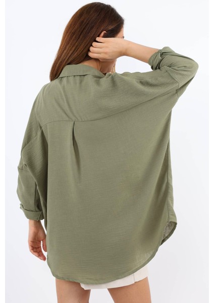 Kadın Keten Comfy Uzun Haki Gömlek fırsatları