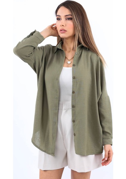 Kadın Keten Comfy Uzun Haki Gömlek indirimleri