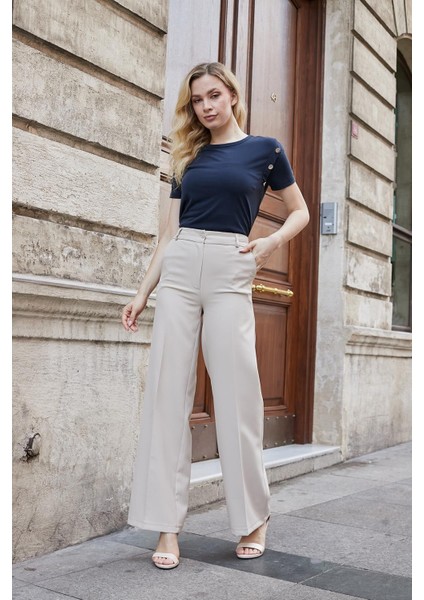 Yüksek Bel Yan Cepli Bol Paça Hafif Esnek Dokuma Kumaş Palazzo Pantolon-Taş