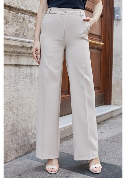 Yüksek Bel Yan Cepli Bol Paça Hafif Esnek Dokuma Kumaş Palazzo Pantolon-Taş modelleri