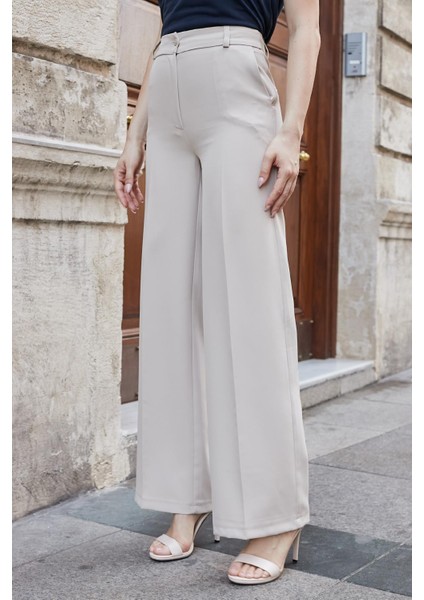 Yüksek Bel Yan Cepli Bol Paça Hafif Esnek Dokuma Kumaş Palazzo Pantolon-Taş indirimleri
