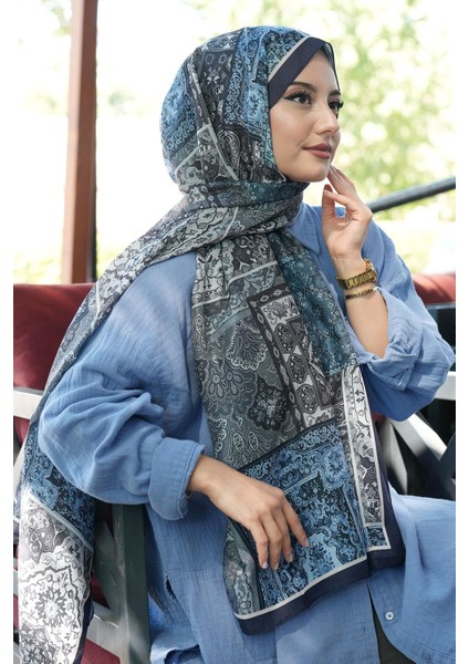 Etnik Desen Lacivert Soft Pamuk Şal