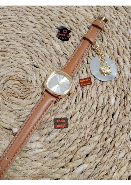Hakiki Deri Taba Renk Charmlı Zarif Tasarım Retro Vintage Kadın Kol Saati 0021