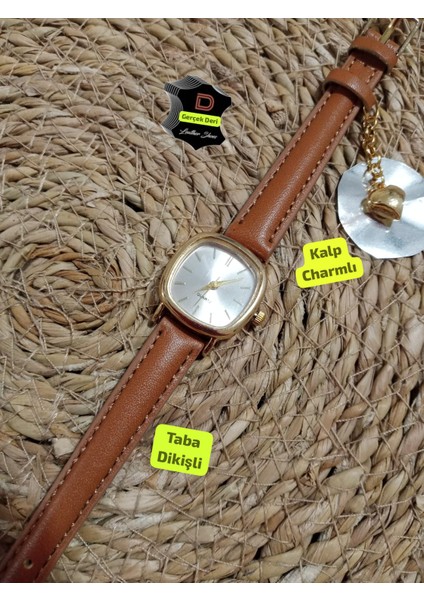 Zarif Tasarım Retro Vintage Kadın Kol Saati Hakiki Deri Taba Renk Charmlı 0021