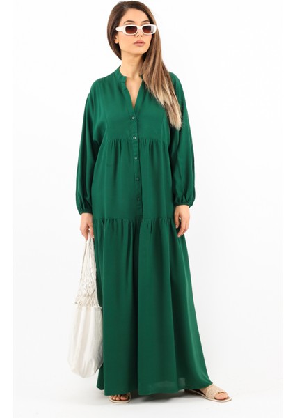 Prive Kadın Base %100 Viskon Zümrüt Yeşili Maksi Boy Yazlık Elbise