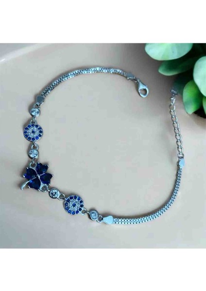 925 Ayar Gümüş Yonca Nazar Boncuk Detaylı Bileklik modelleri