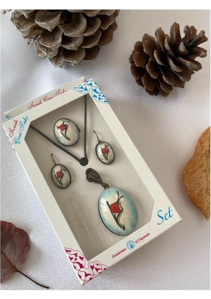 Iznik Çini Kolye Küpe Yüzük Set El Boyaması Model 3 Buz Mavi Gri Renk modelleri