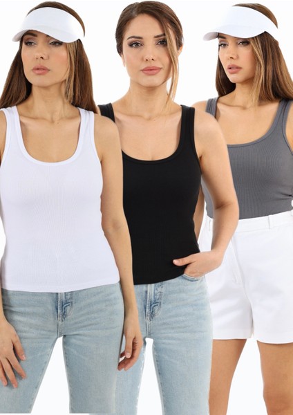 Kadın Cotton 3’lü Set Antrasit, Beyaz, Siyah Pamuklu Basic Fitilli Atlet