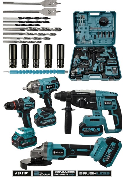 21V Darbeli Kömürsüz 4'lü Set Kırıcı Delici Hilti & Taşlama & Somun Sıkma Sökme & Matkap Vidalama