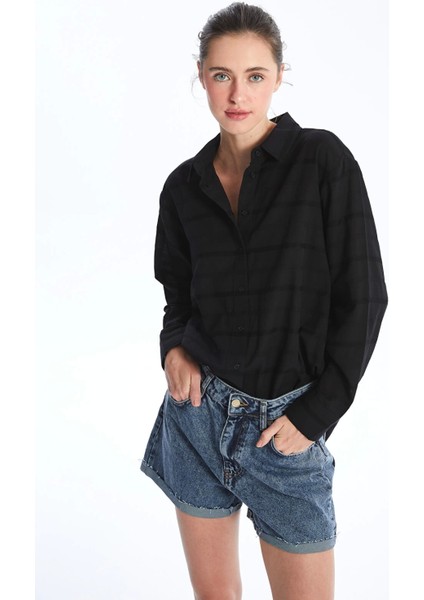 Lcw Vision Siyah Kendinden Desenli Uzun Kollu Oversize Kadın Gömlek