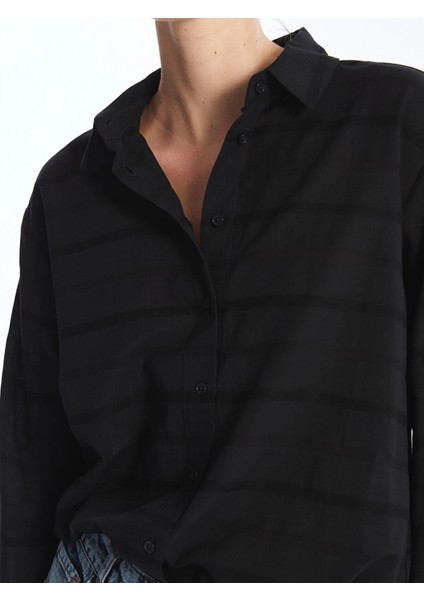 Lcw Vision Siyah Kendinden Desenli Uzun Kollu Oversize Kadın Gömlek modelleri