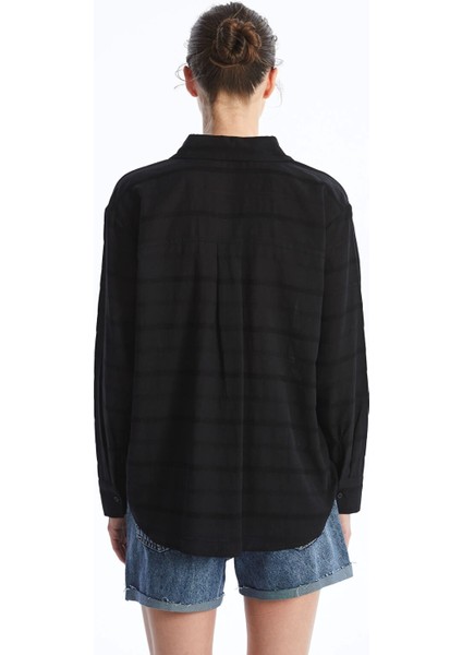 Lcw Vision Siyah Kendinden Desenli Uzun Kollu Oversize Kadın Gömlek indirimleri