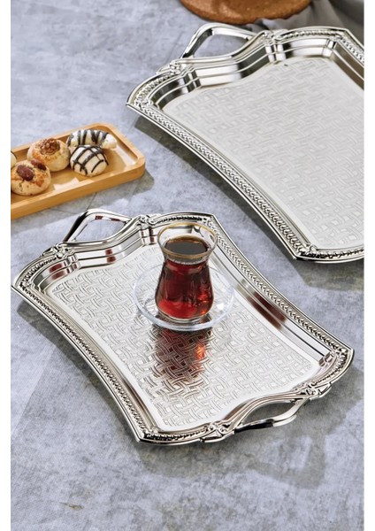 Tepsi Silver 2'li Ikramlık Sunumluk Servis ve Çay Tepsisi Çay ve Kahve Tepsisi Kulplu Çay Tepsisi
