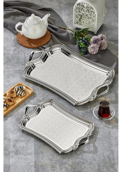 Tepsi Silver 2'li Ikramlık Sunumluk Servis ve Çay Tepsisi Çay ve Kahve Tepsisi Kulplu Çay Tepsisi fiyatları