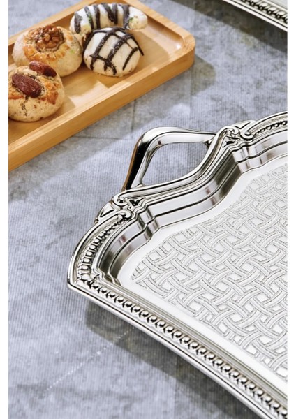 Tepsi Silver 2'li Ikramlık Sunumluk Servis ve Çay Tepsisi Çay ve Kahve Tepsisi Kulplu Çay Tepsisi fırsatları