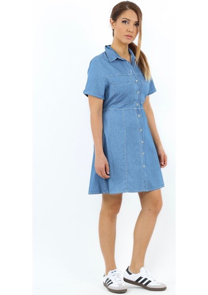 Kadın Soft Denim Bel Lastikli Serta Koyu Mavi Ince Pamuk Elbise