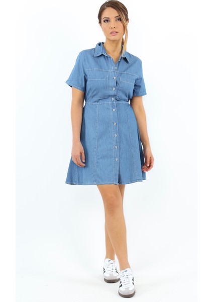 Kadın Soft Denim Bel Lastikli Serta Koyu Mavi Ince Pamuk Elbise