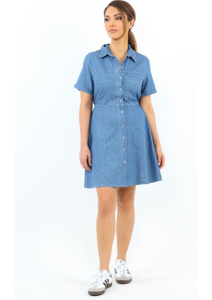 Kadın Soft Denim Bel Lastikli Serta Koyu Mavi Ince Pamuk Elbise