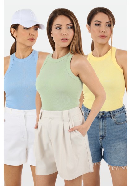 Kadın 3’Lü Premium Pamuklu Fitilli Sarı Çağla Yeşili Mavi Atlet