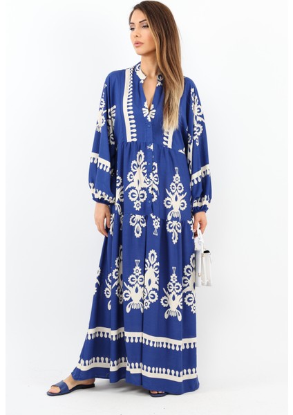 Prive Kadın Şal Desen Maksi %100 Viskon Mavi Uzun Elbise